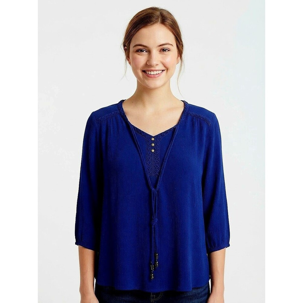 One World Womens Peasant Top PM Petite Blue Tasseltie Beaded 3/4 Sl gauzy boho